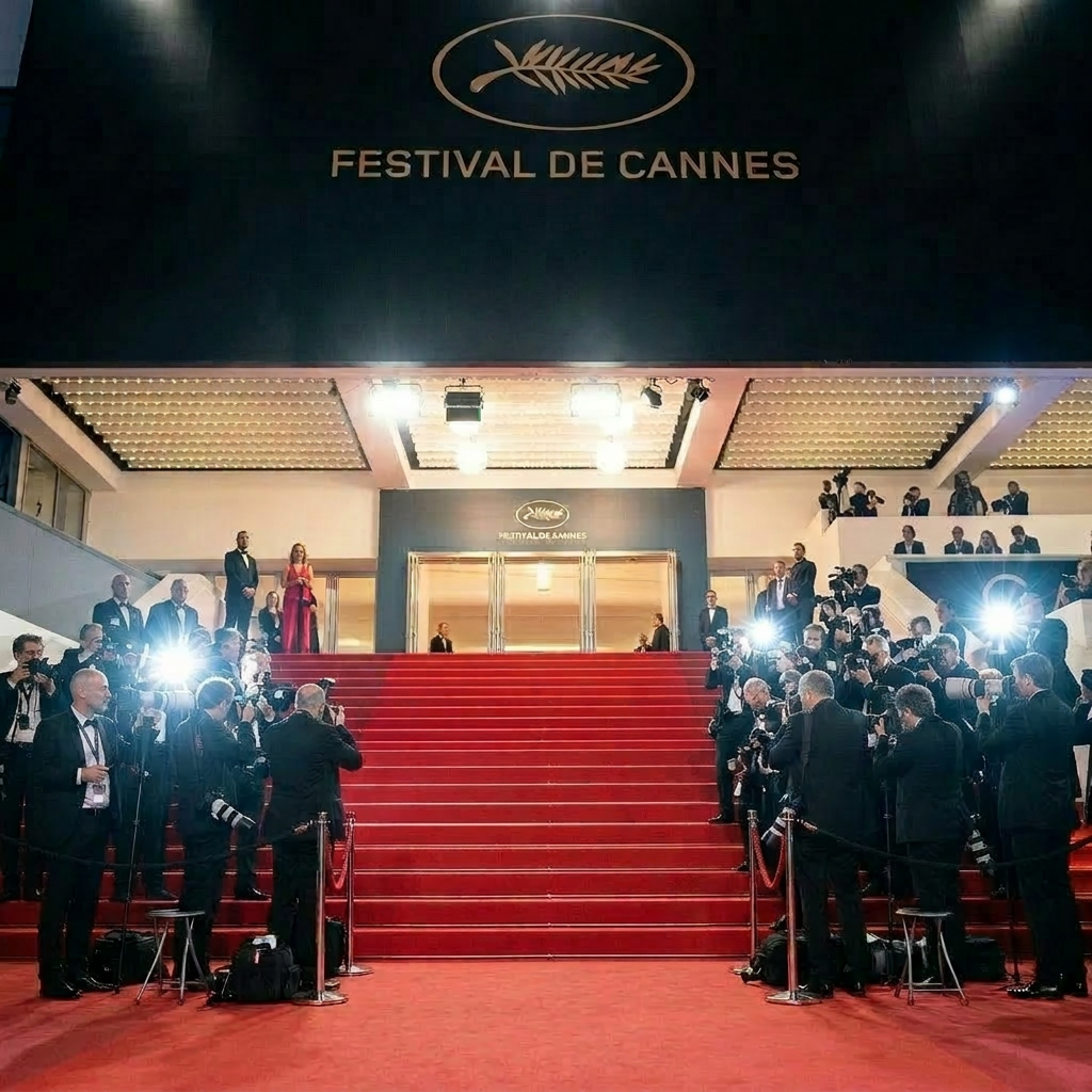 Couple on red carpet surrounded by photographers at Cannes Film Festival