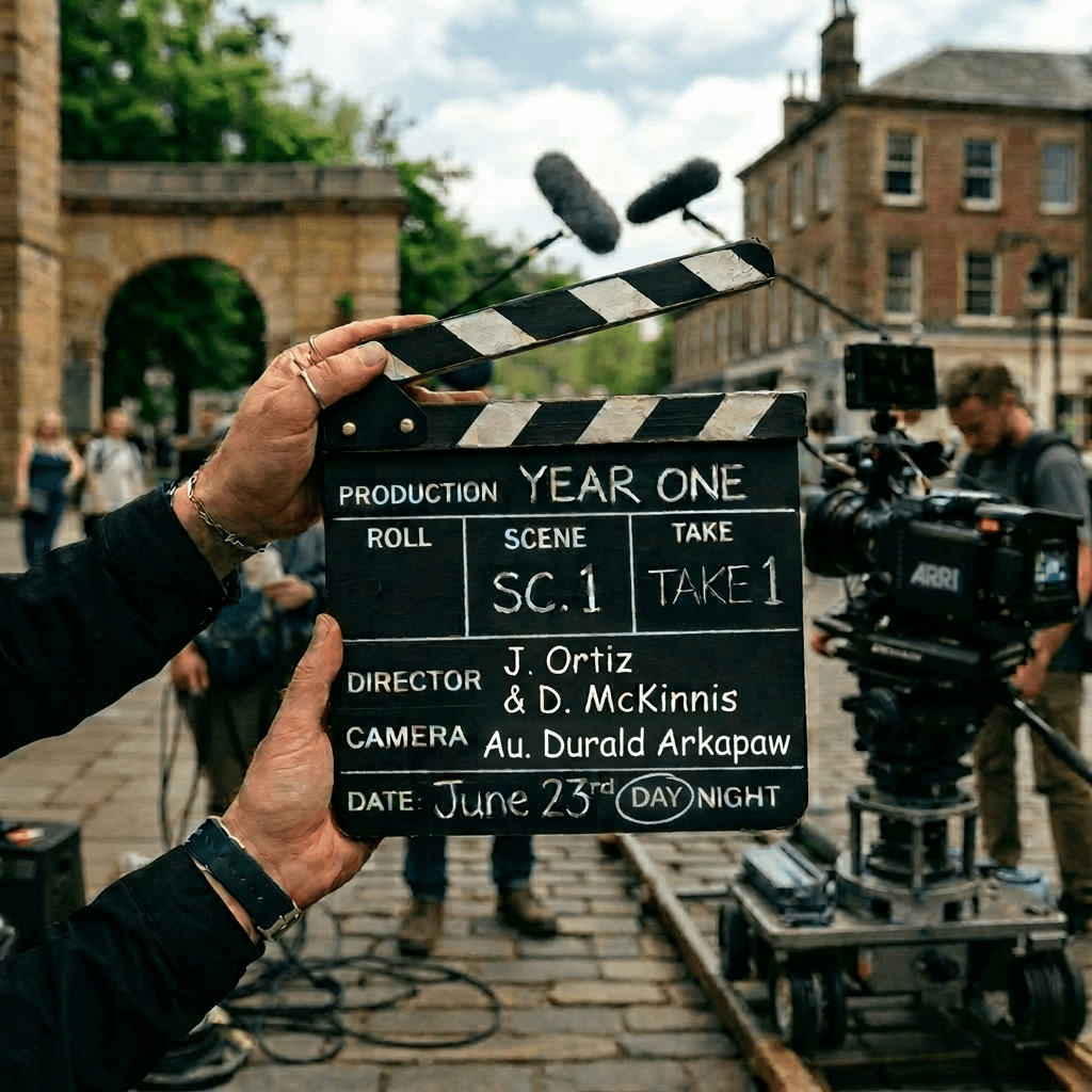 Clapperboard for film scene 'SC1' take 1 with director and camera credits