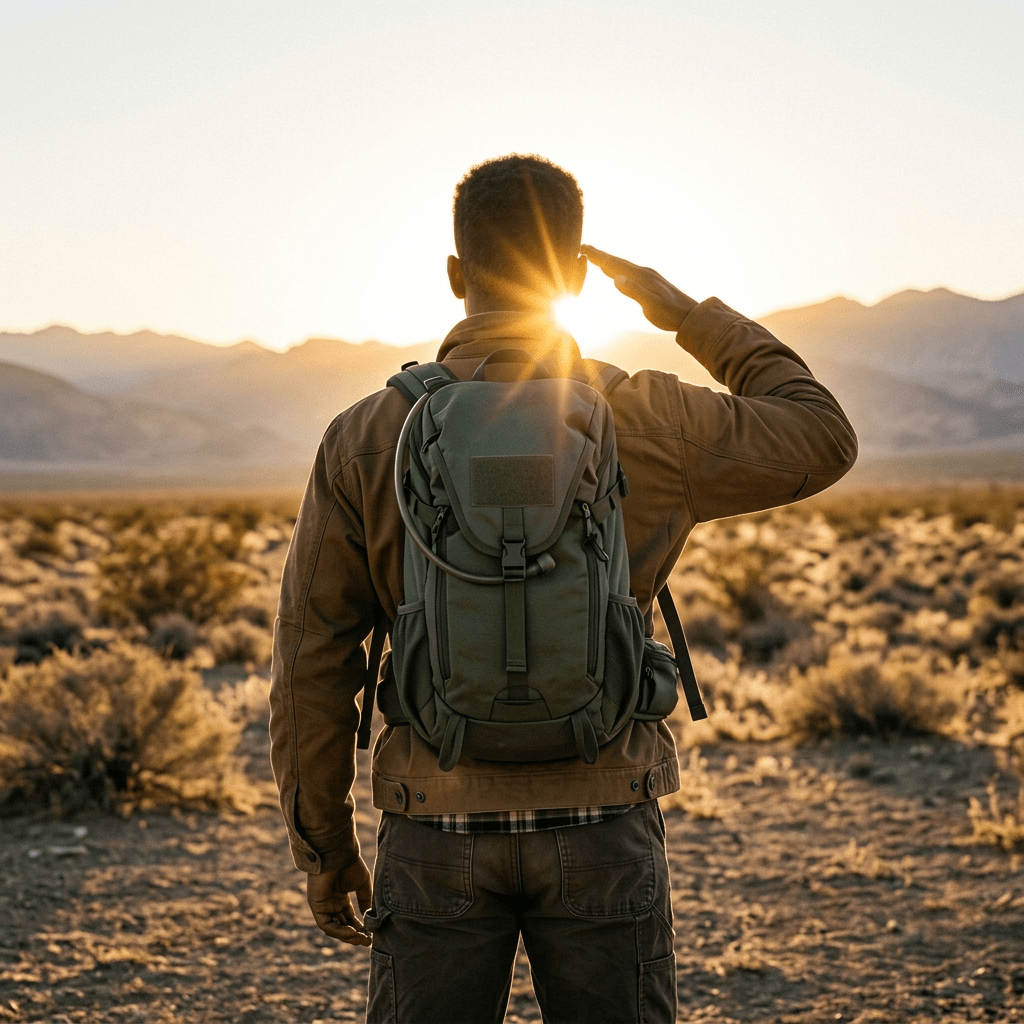 Soldier in camouflage uniform saluting with the sun setting behind him at a military base