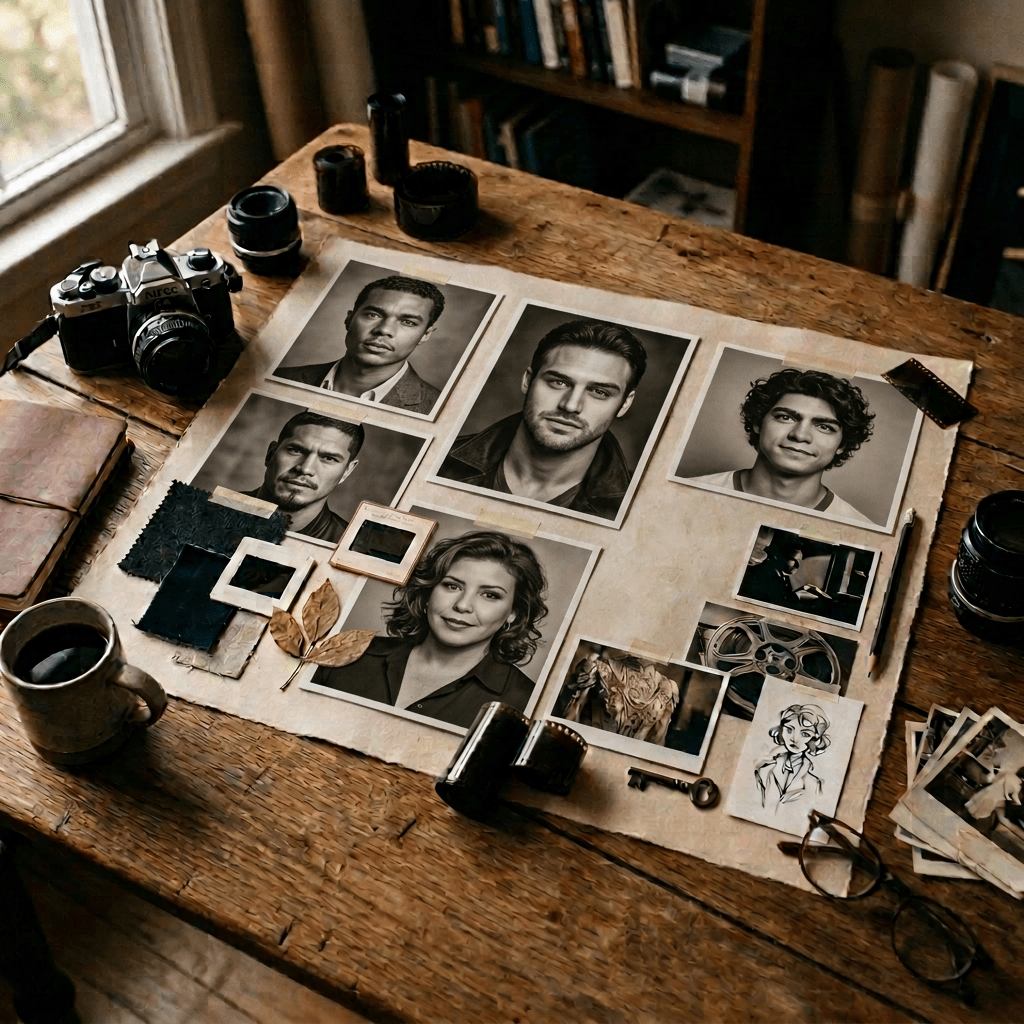 Mood board with black and white photographs, film rolls, camera, and handwritten notes