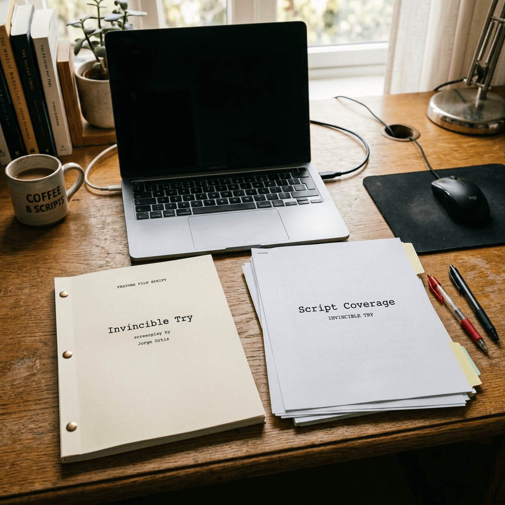 Screenplay titled “The Silent Tide” beside annotated coverage notes and laptop