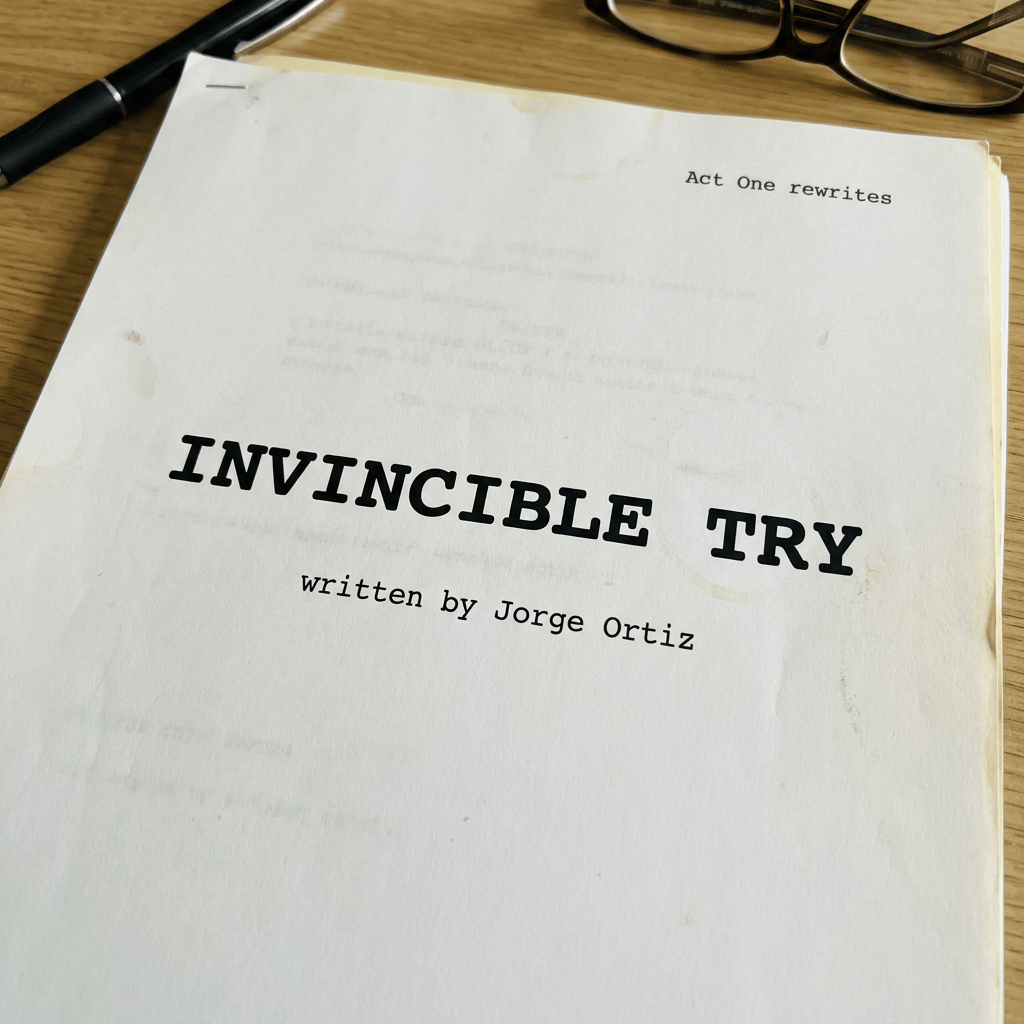 Script page titled “INVINCIBLE TRY,” written by Jorge Ortiz; “Act One rewrites” appears above.