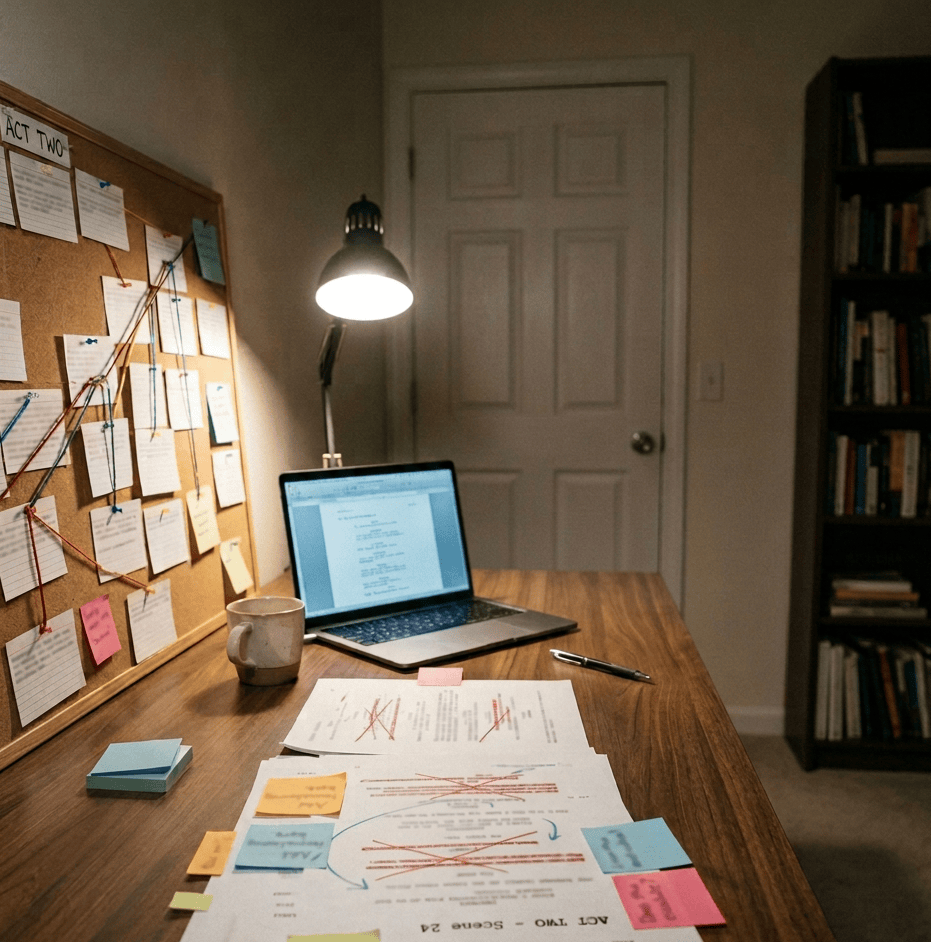 Student studying ACT materials at a desk beside a planning board