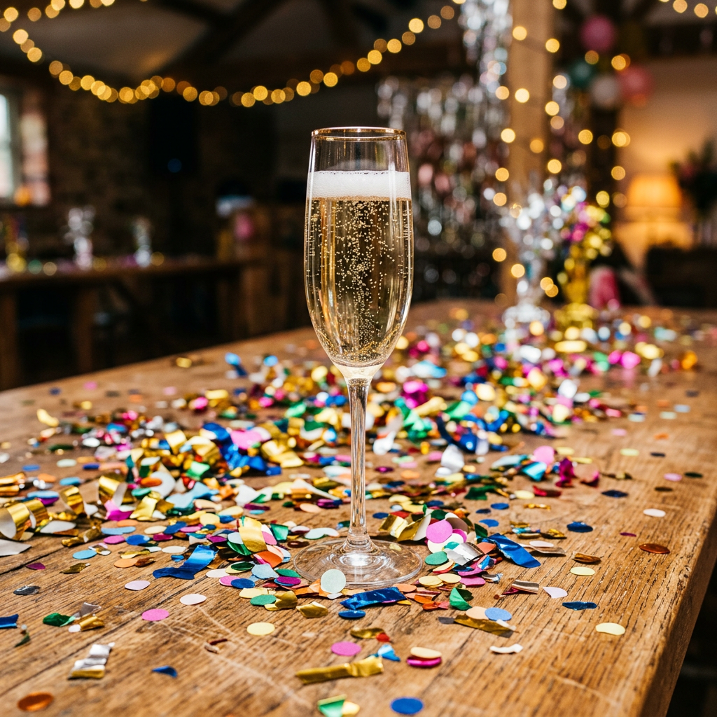 Champagne flute surrounded by colorful confetti on a wooden table
