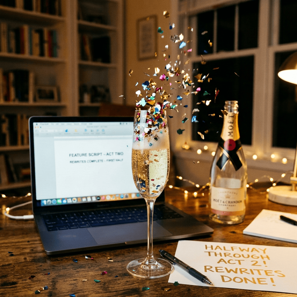 Hand holding confetti-filled champagne glass beside screenplay rewrite notes